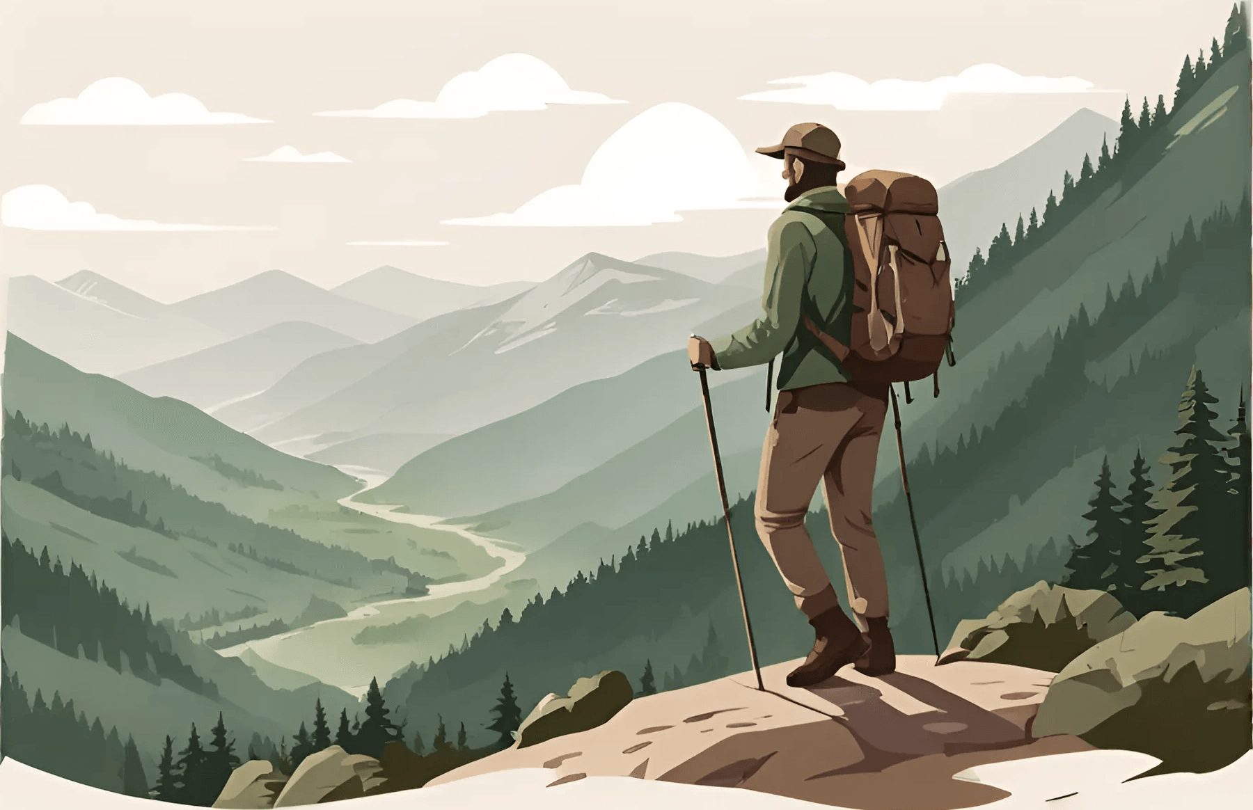 Hiker overlooking mountain landscape