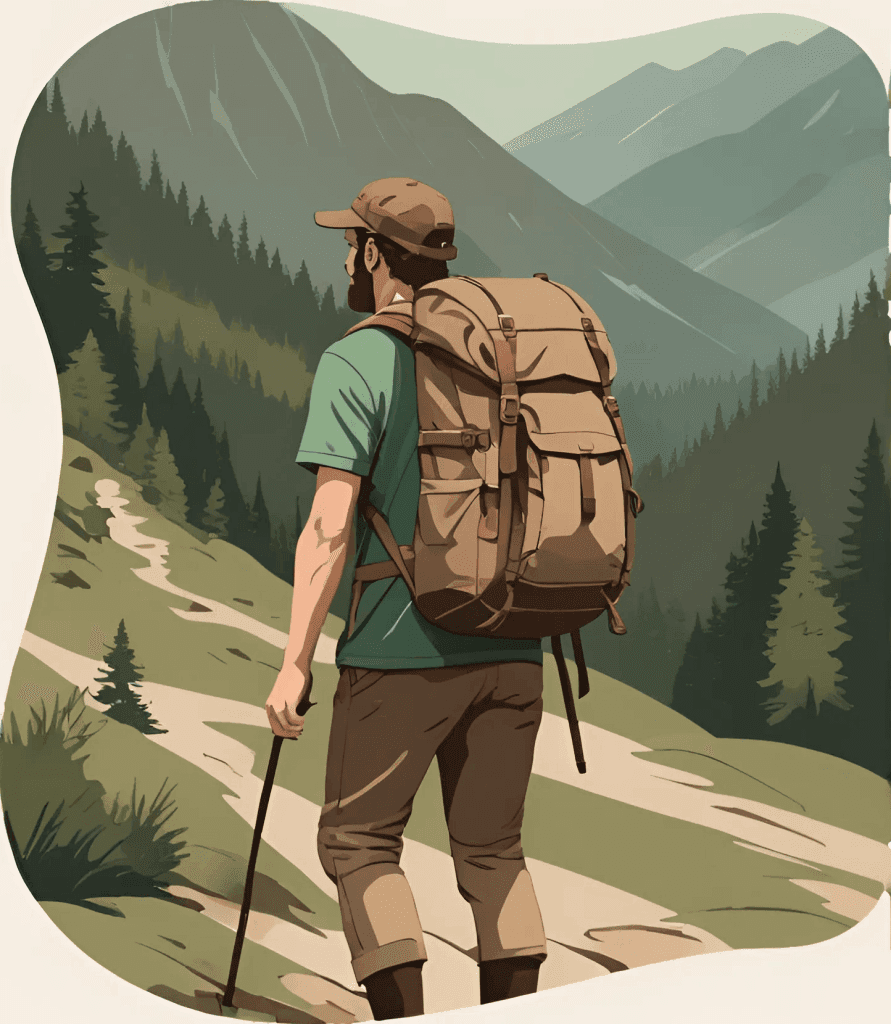 Hiker overlooking mountain landscape