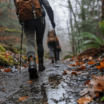 Randonneurs marchant sur un sentier boueux en forêt