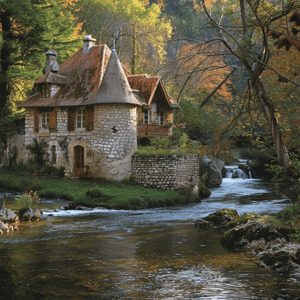 Maison traditionnelle au bord d'une rivière avec montagnes en arrière-plan