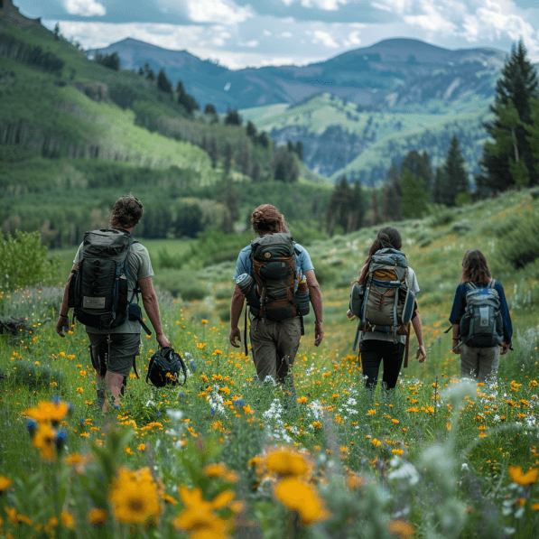 Groupe de randonneurs dans un paysage montagneux avec des fleurs
