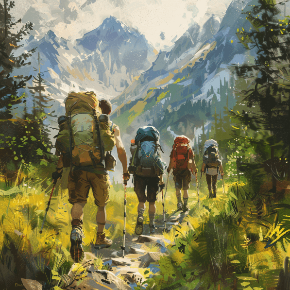 Groupe de randonneurs face à un paysage montagneux