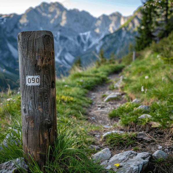 Poteau de balisage en bois avec des montagnes en arrière-plan