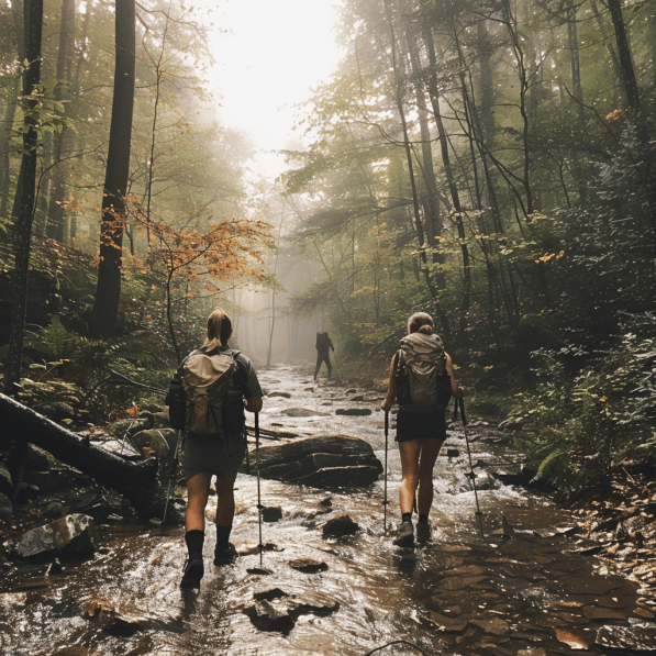 Randonneurs marchant sur un sentier forestier dans la brume